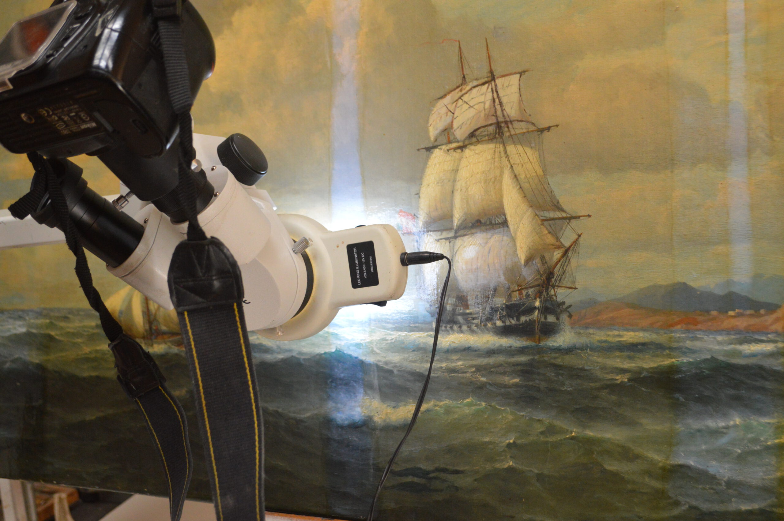 Restaurierung des Ölgemäldes Segelschiffe Hamburger Malschule.Franz von Hütten Akademischer Marine Maler ,während der Restaurierung